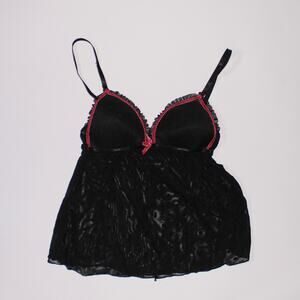 Aureole Euro Semi Sheer Black Polka Dot Cami With Red Ribbon Size 75B